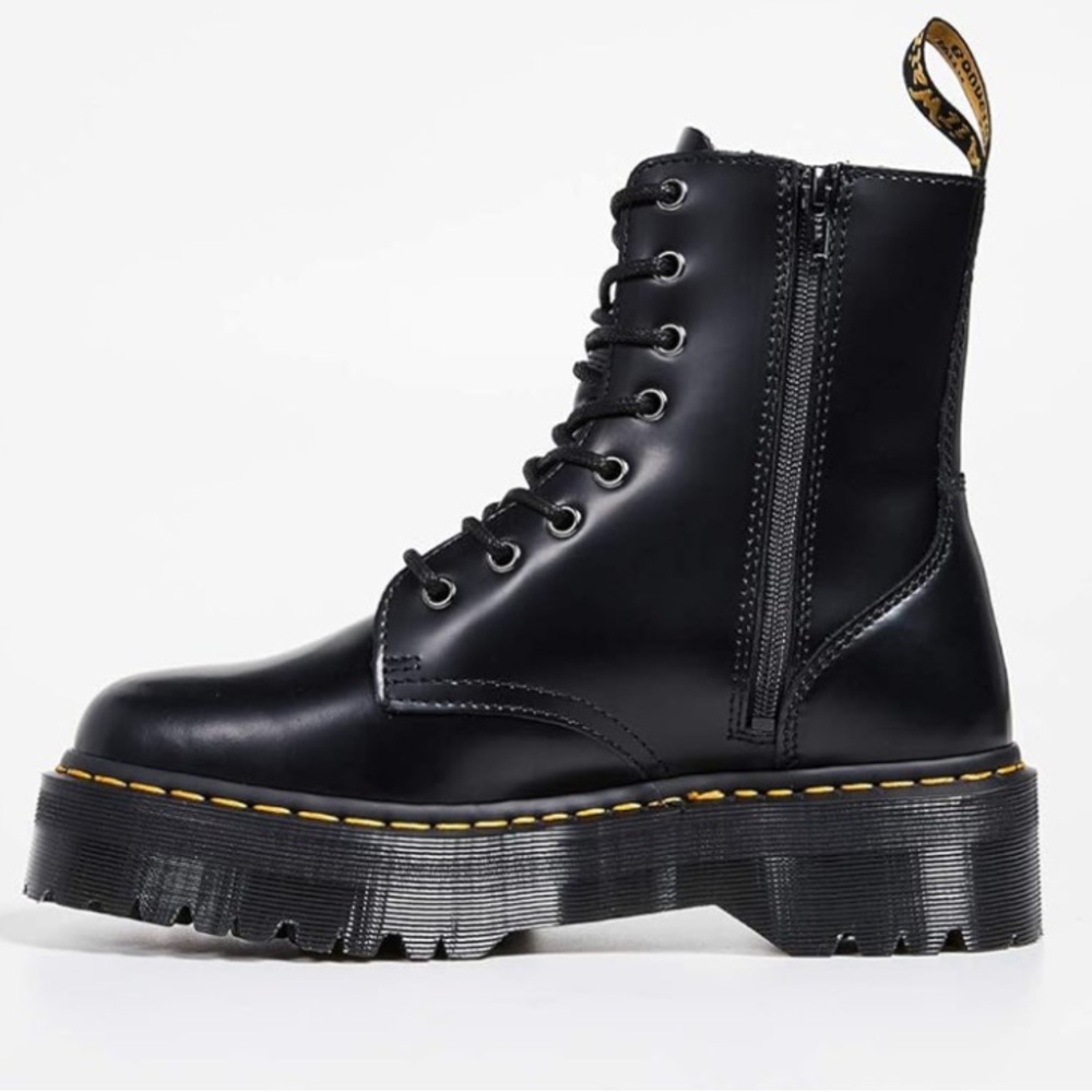 Dr. Martens Black Leather Platform Combat Boots with Yellow Stitching